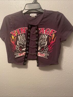 January 7 Purple Graphic Lace-Up Crop Tee with Flame Detail
